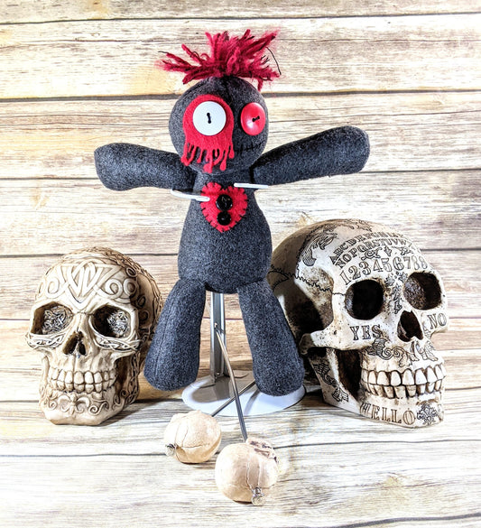 Little Gray and Red Voodoo Plush Doll Creepy Cute Kawaii Stuffed Poppet